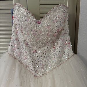 Barbie Inspired Ivory with Pink Crystals Wedding Dress Size 12 Pink Corset Back